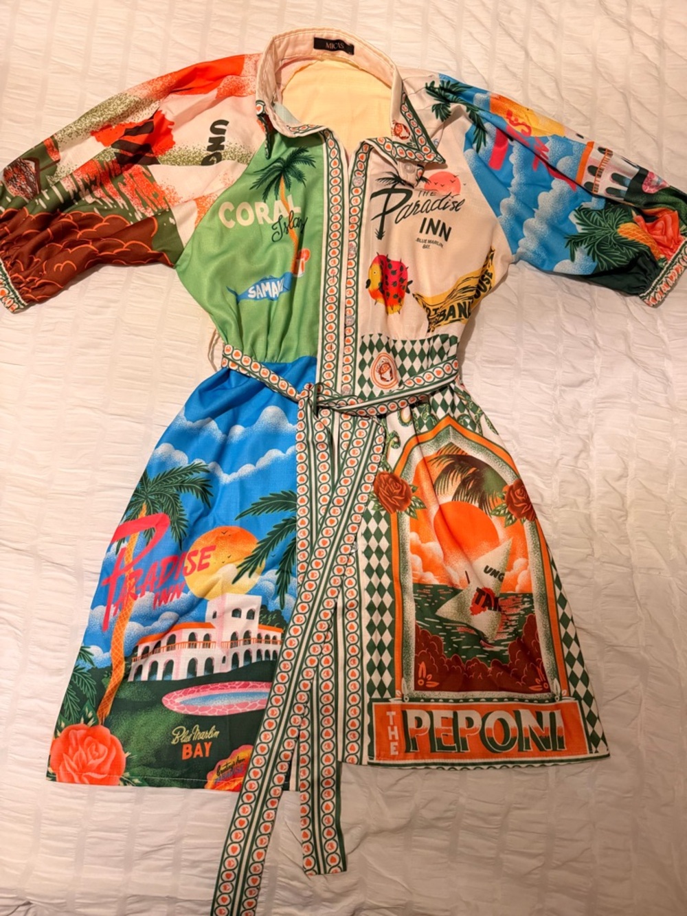 Tropical Multicolor Long Sleeve Shirt Dress with Tie Belt